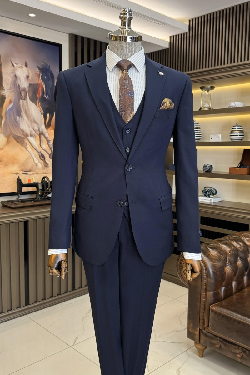 Chic Dark Navy Slim Fit Notch Lapel 3 Pieces Business Men Suits