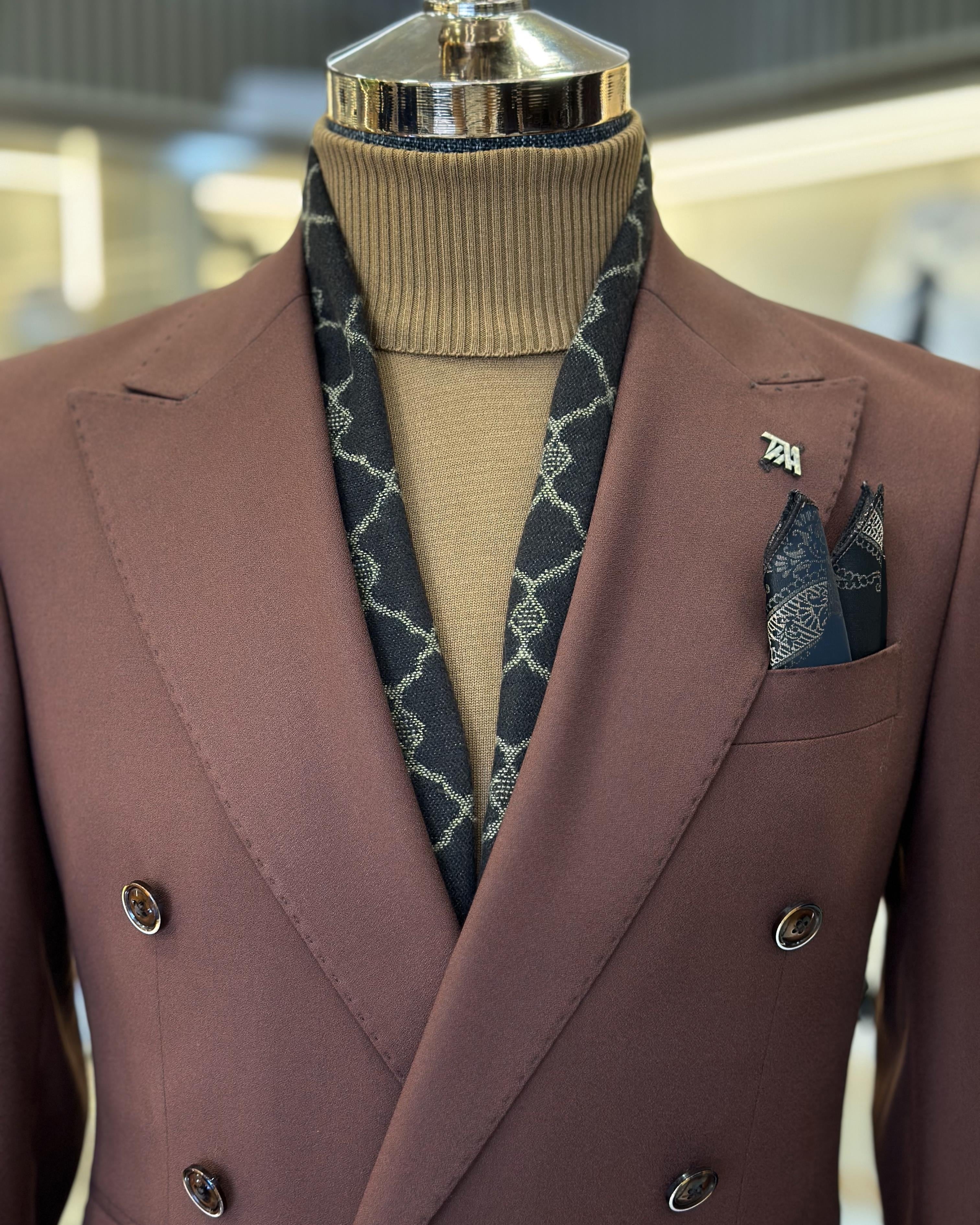 Fashion Burgundy Double Breasted Peaked Lapel Business Suits For Men