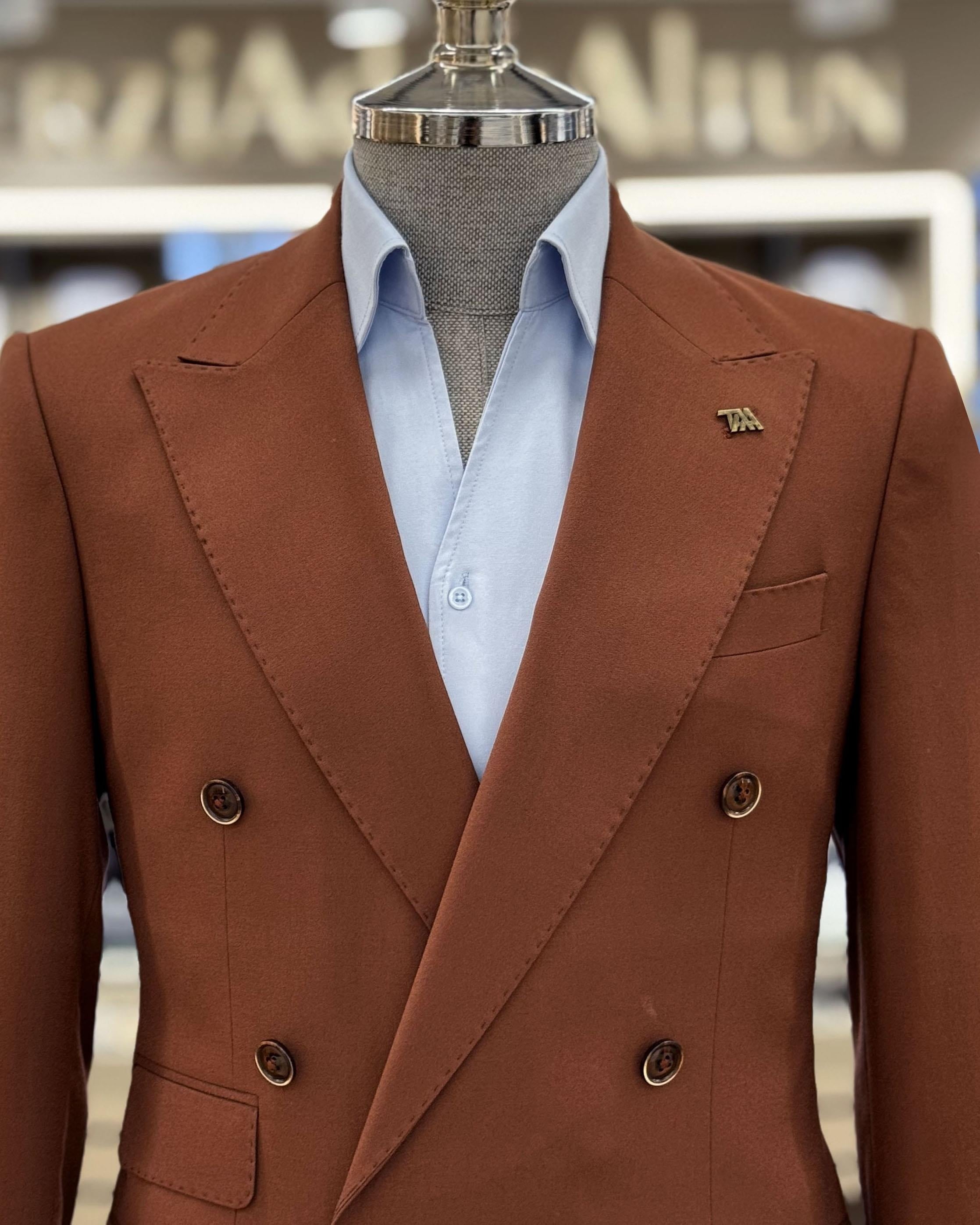 Slim Fit Burgundy Double Breasted Peaked Lapel Formal Suits