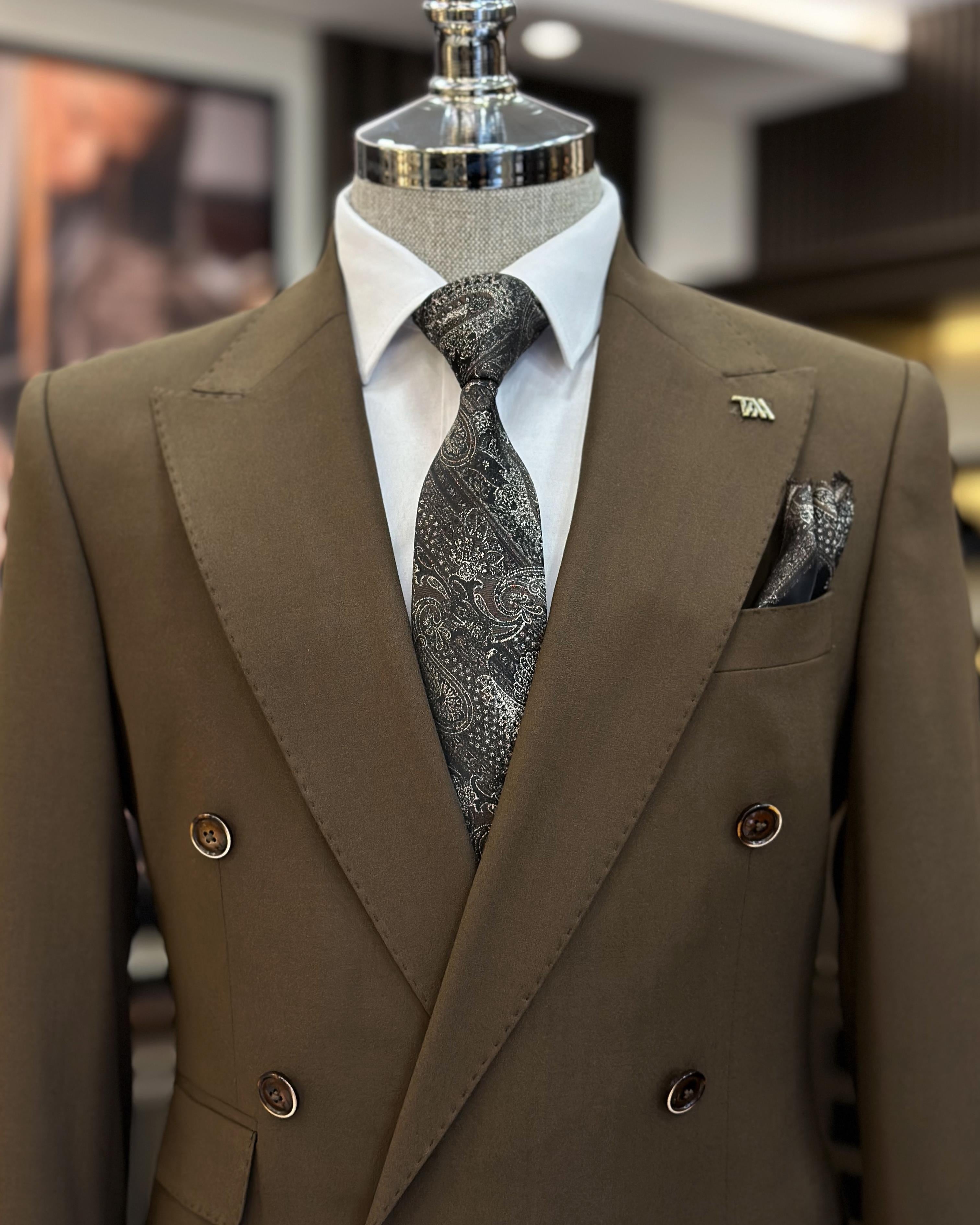 Formal Khaki Brown Double Breasted Peaked Lapel Business Suits