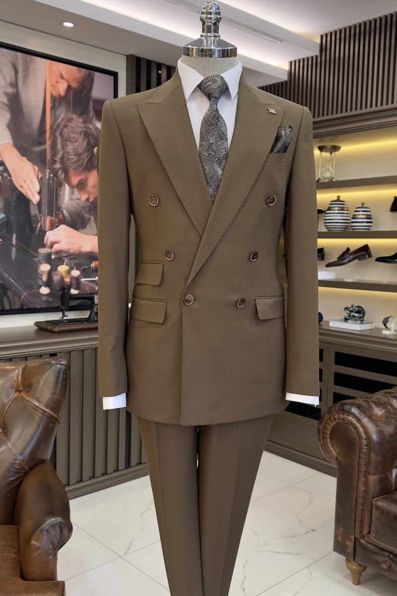 Formal Khaki Brown Double Breasted Peaked Lapel Business Suits