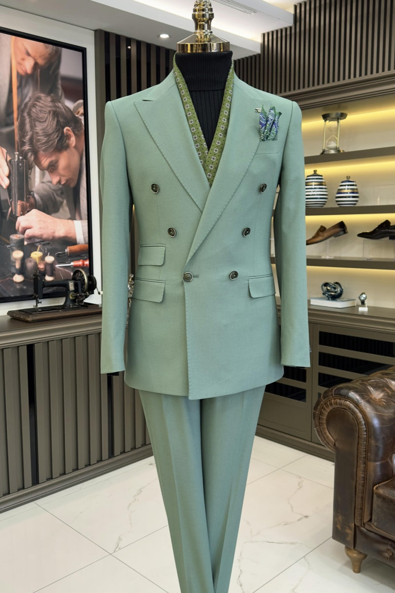 Fancy Light Green Peaked Lapel Double Breasted Formal Business Suits