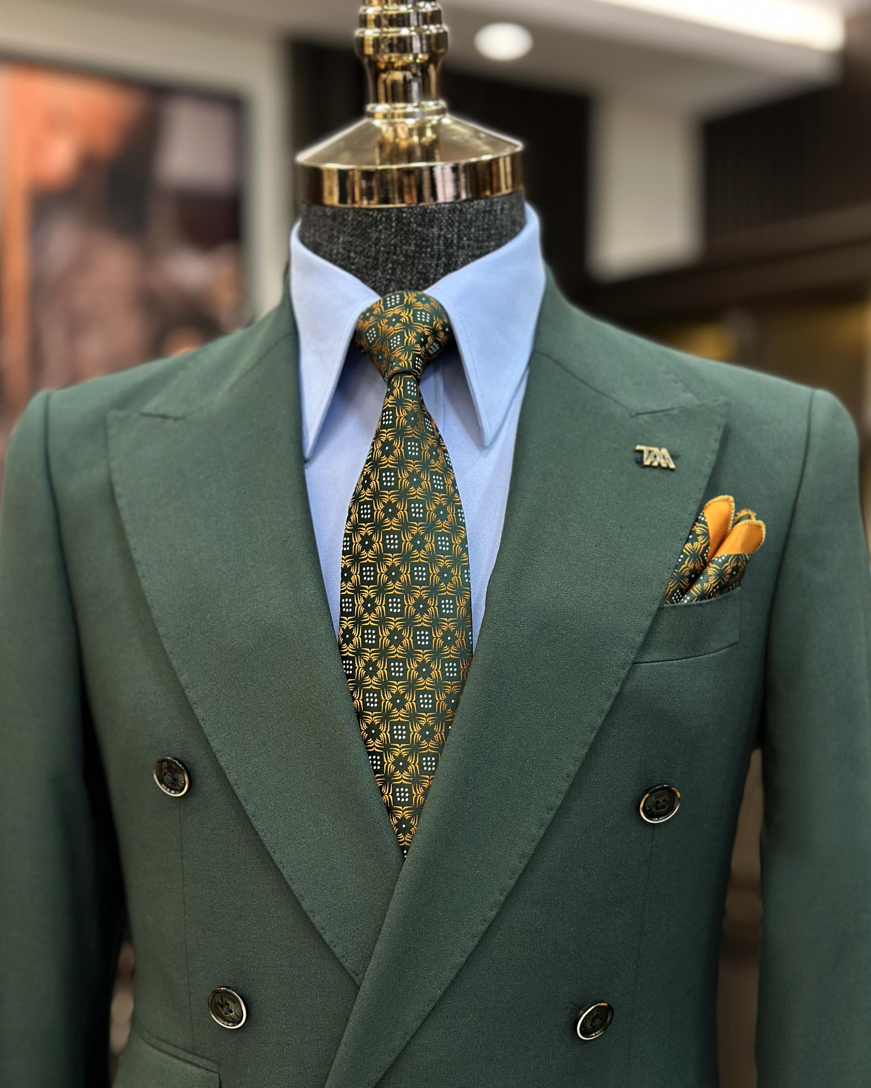 Big And Tall Dark Green Double Breasted Peaked Lapel Business Men Suits