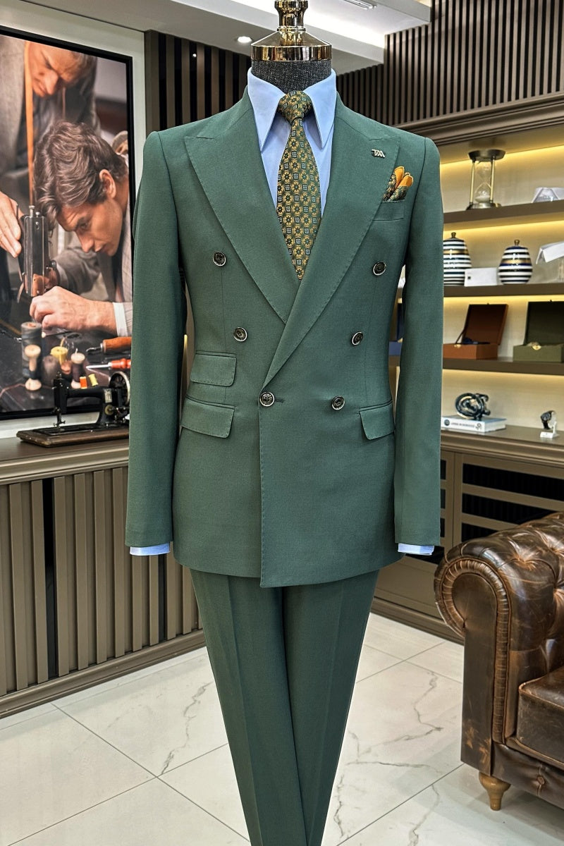 Big And Tall Dark Green Double Breasted Peaked Lapel Business Men Suits