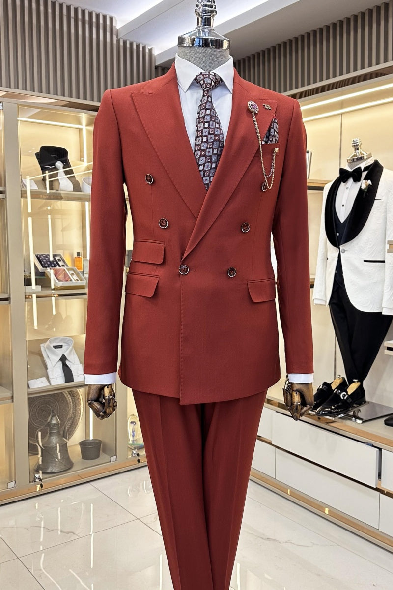 Slim Fit Burgundy Double Breasted Peaked Lapel Formal Suits