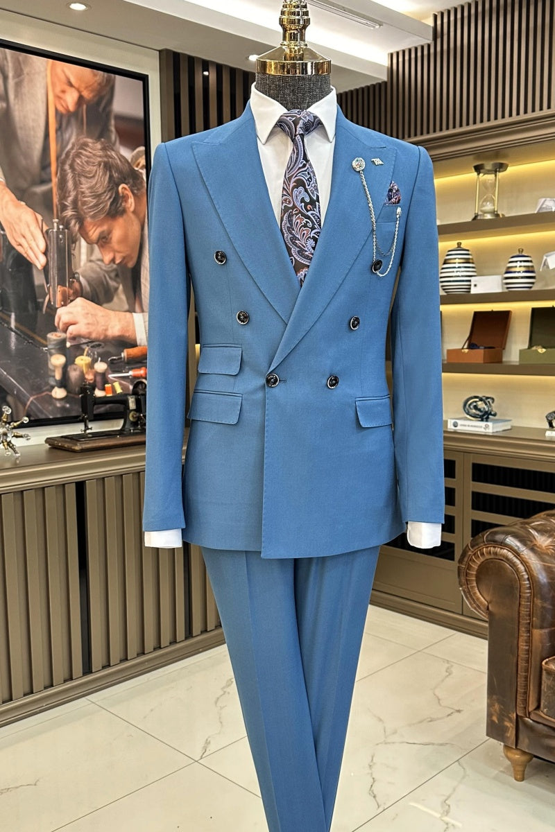 Cool Ocean Blue Double Breasted Peaked Lapel Business Men Suits