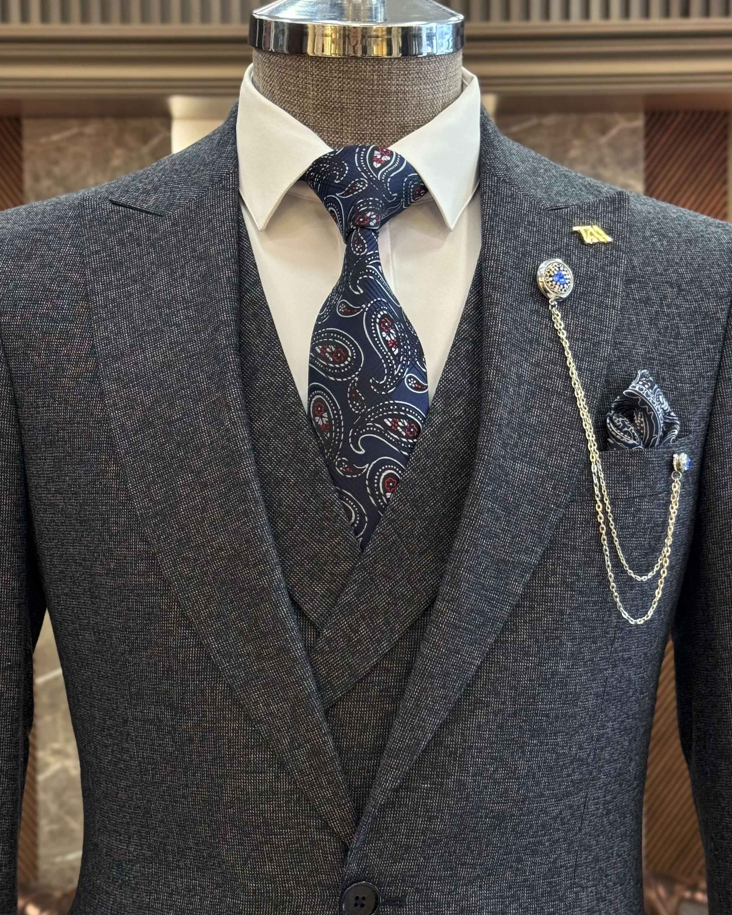 Classic Dark Gray 3 Pieces Big And Tall Peaked Lapel Business Suits