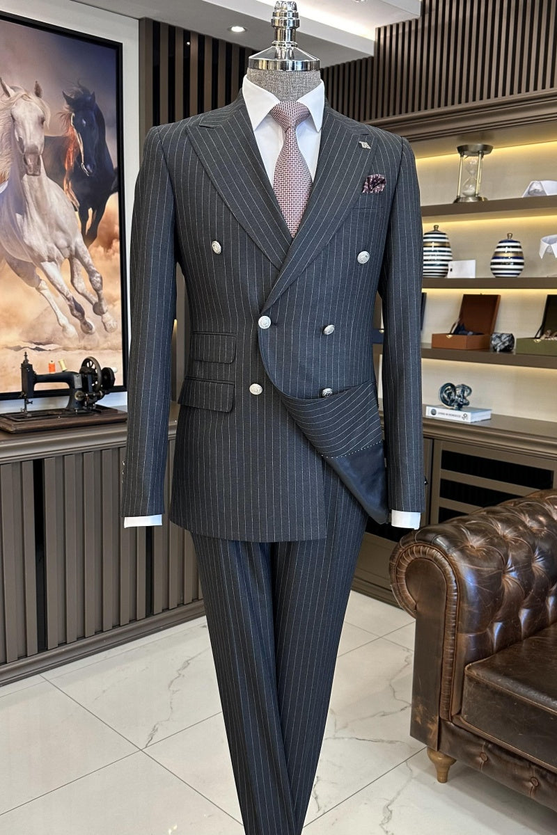 Modern Dark Gray Pinstriped Double Breasted Close Fitting Business Suits
