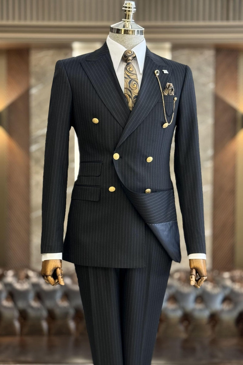 Best Fitted Black Pinstriped Double Breasted Peaked Lapel Business Suits