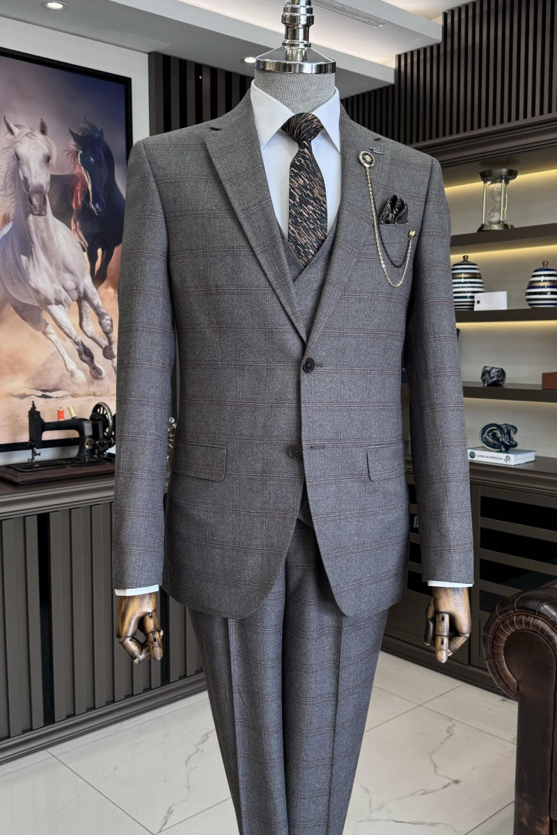 Glamorous Gray Plaid 3 Pieces Notch Lapel Business Suits With Waistcoat