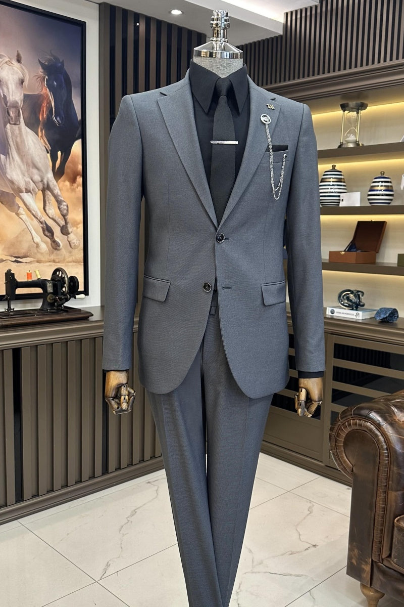 Close Fitting Dark Gray Notch Lapel Business Suits