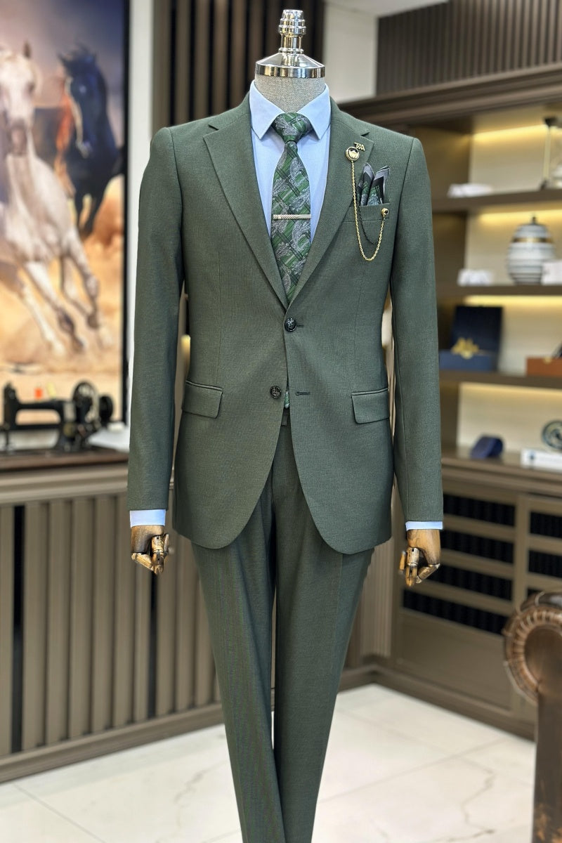 Steady Dark Green Notch Lapel Business Suits