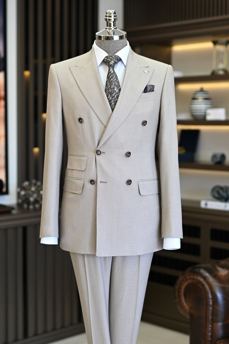 Formal Light Gray Double Breasted Slim Fit Business Suits