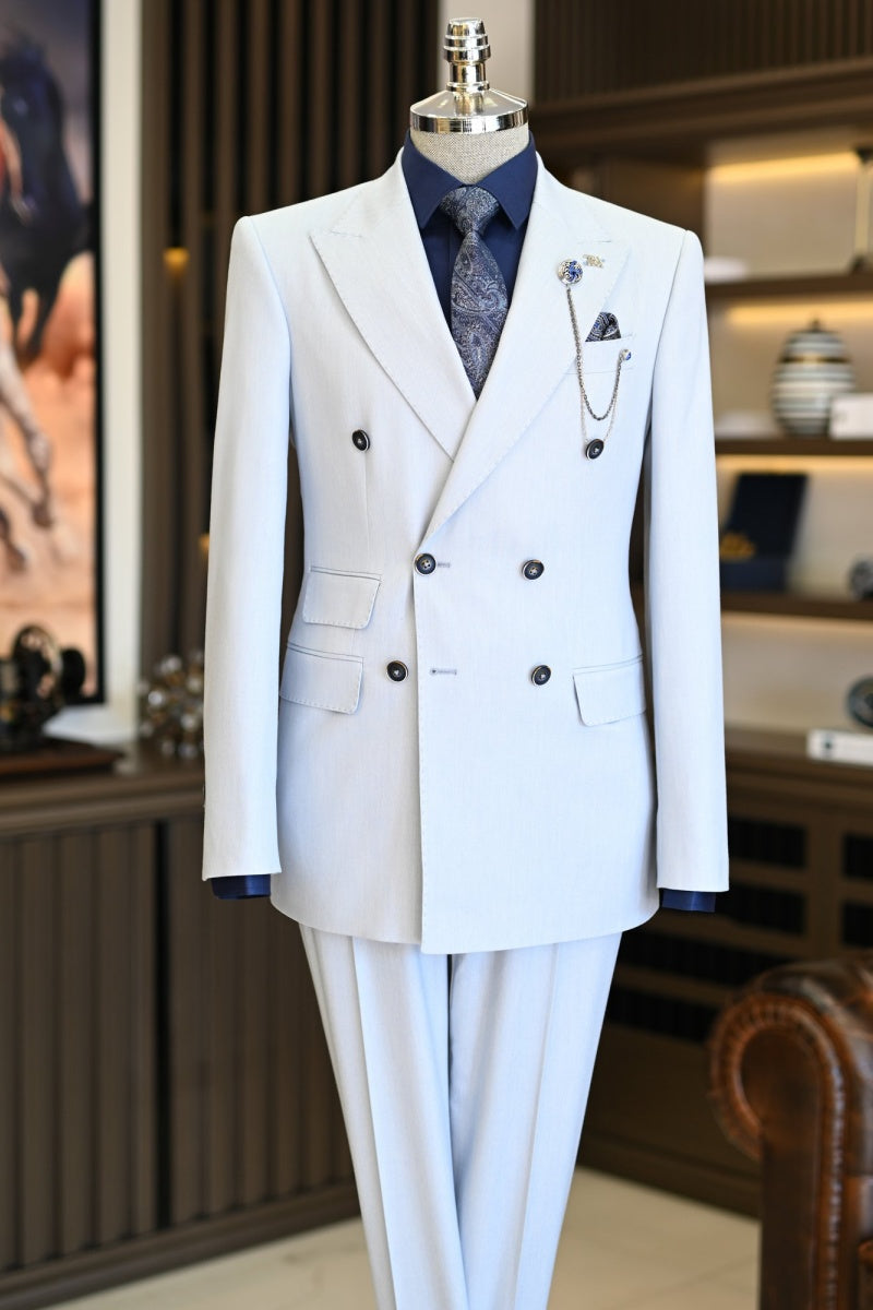 Glamorous Light Blue-white Double Breasted Peaked Lapel Formal Men Suits