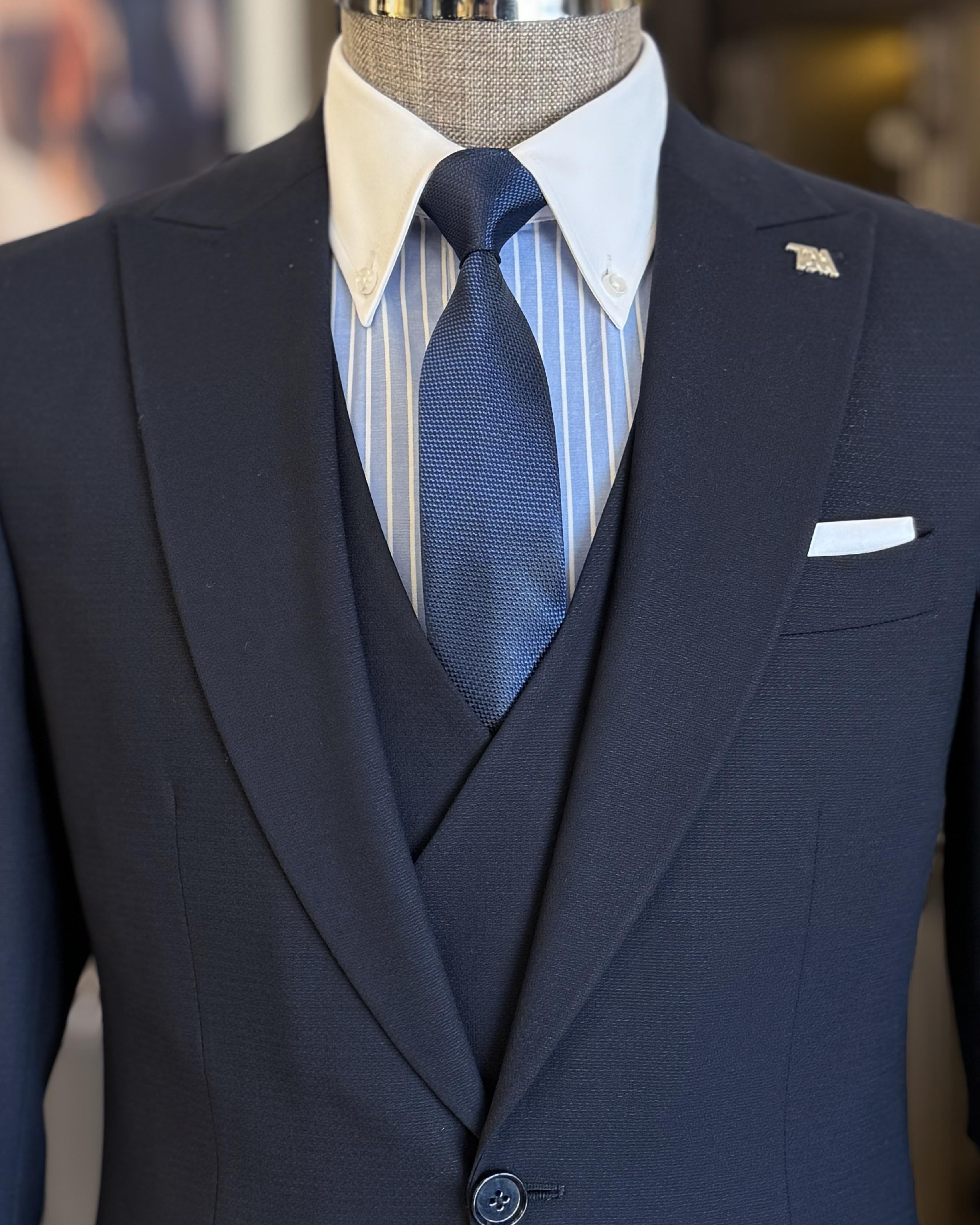 Formal Dark Navy 3 Pieces Best Fitted Business Suits With Waistcoat