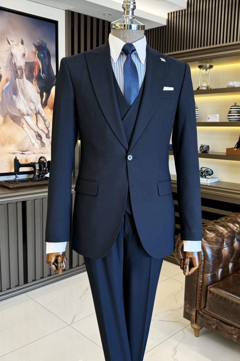 Formal Dark Navy 3 Pieces Best Fitted Business Suits With Waistcoat