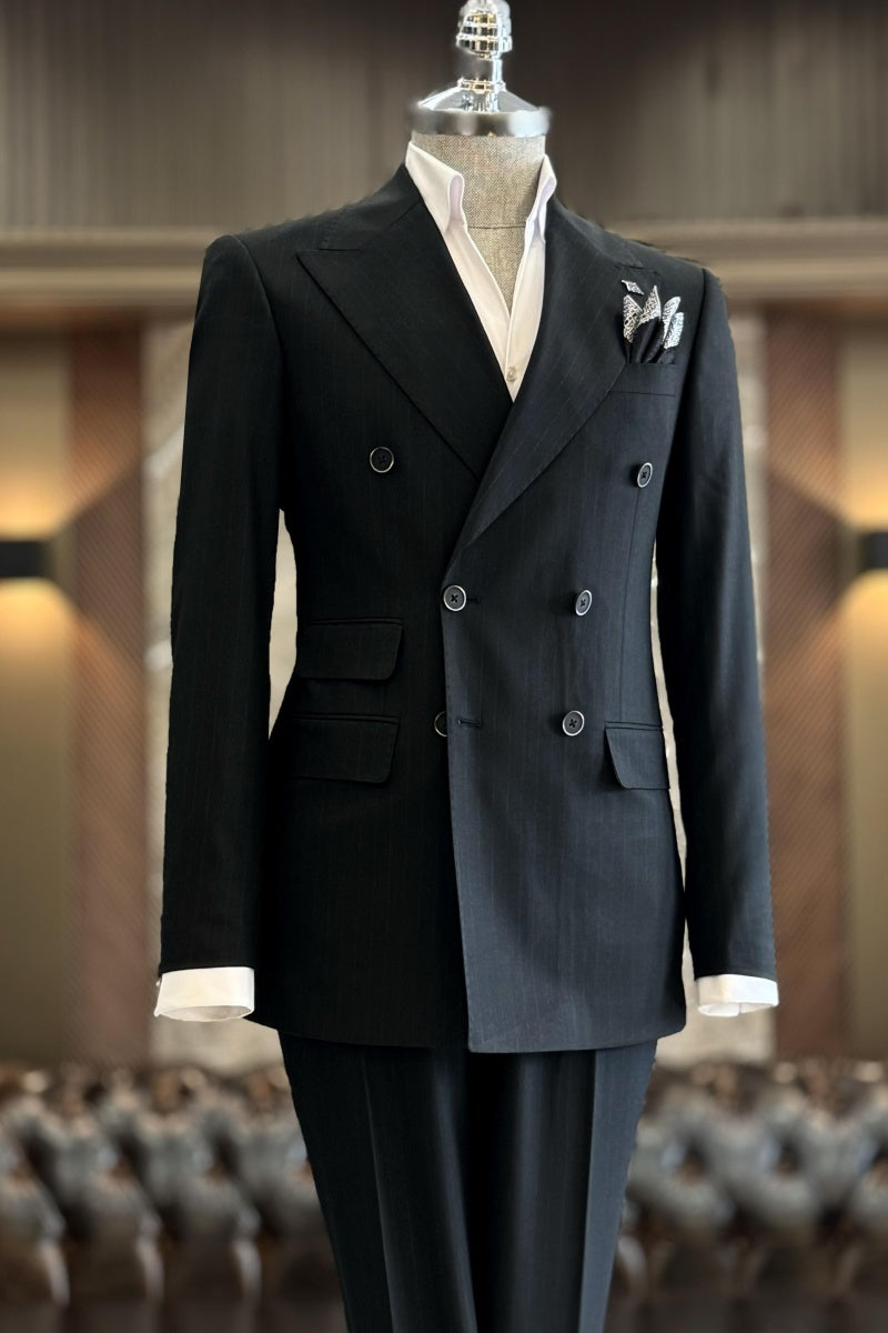 New Arrival Black Double Breasted Striped Close Fitting Business Suits