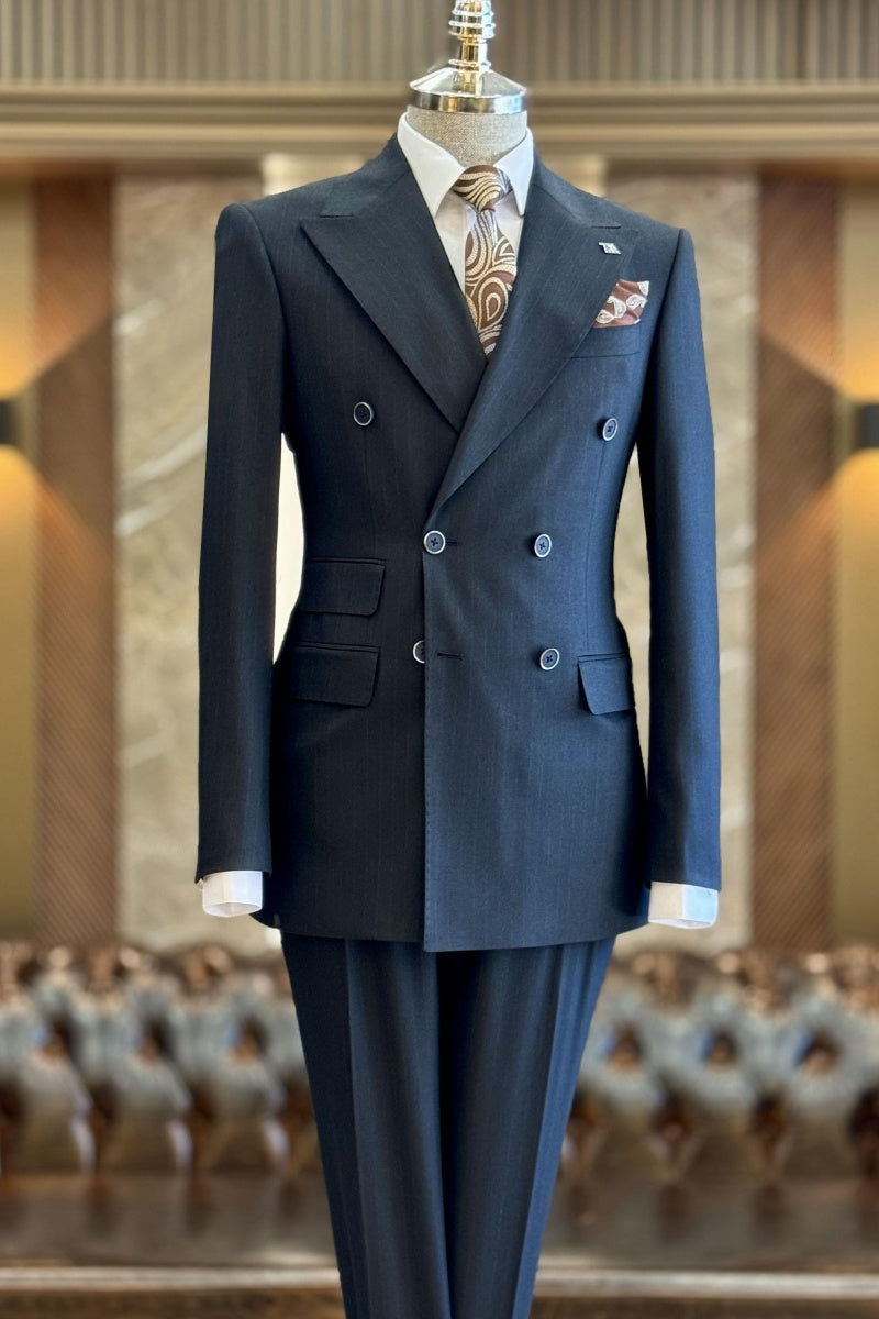 Modern Navy Blue Double Breasted Striped Business Suits