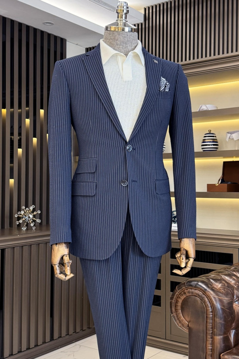 Formal Navy Blue Striped Notch Lapel Business Suits