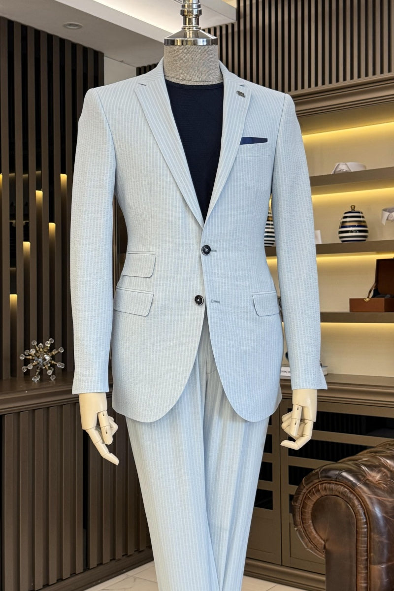 Bespoke Light Gray Notch Lapel Pinstriped Business Suits For Men