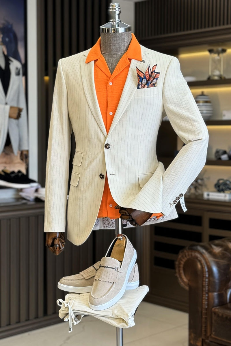 Modern Off-White Pinstriped Big And Tall Business Suits