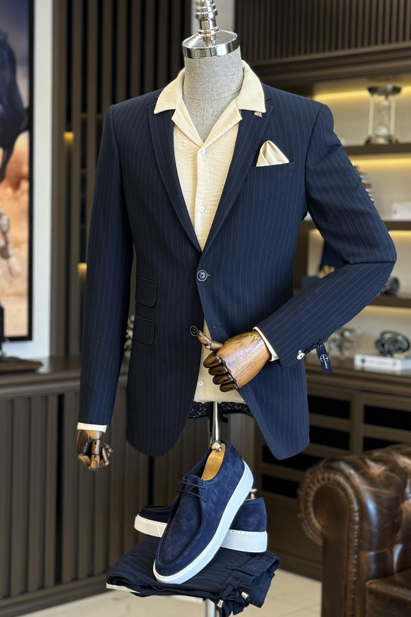 Formal Navy Blue Pinstriped Notch Lapel Business Men Suits