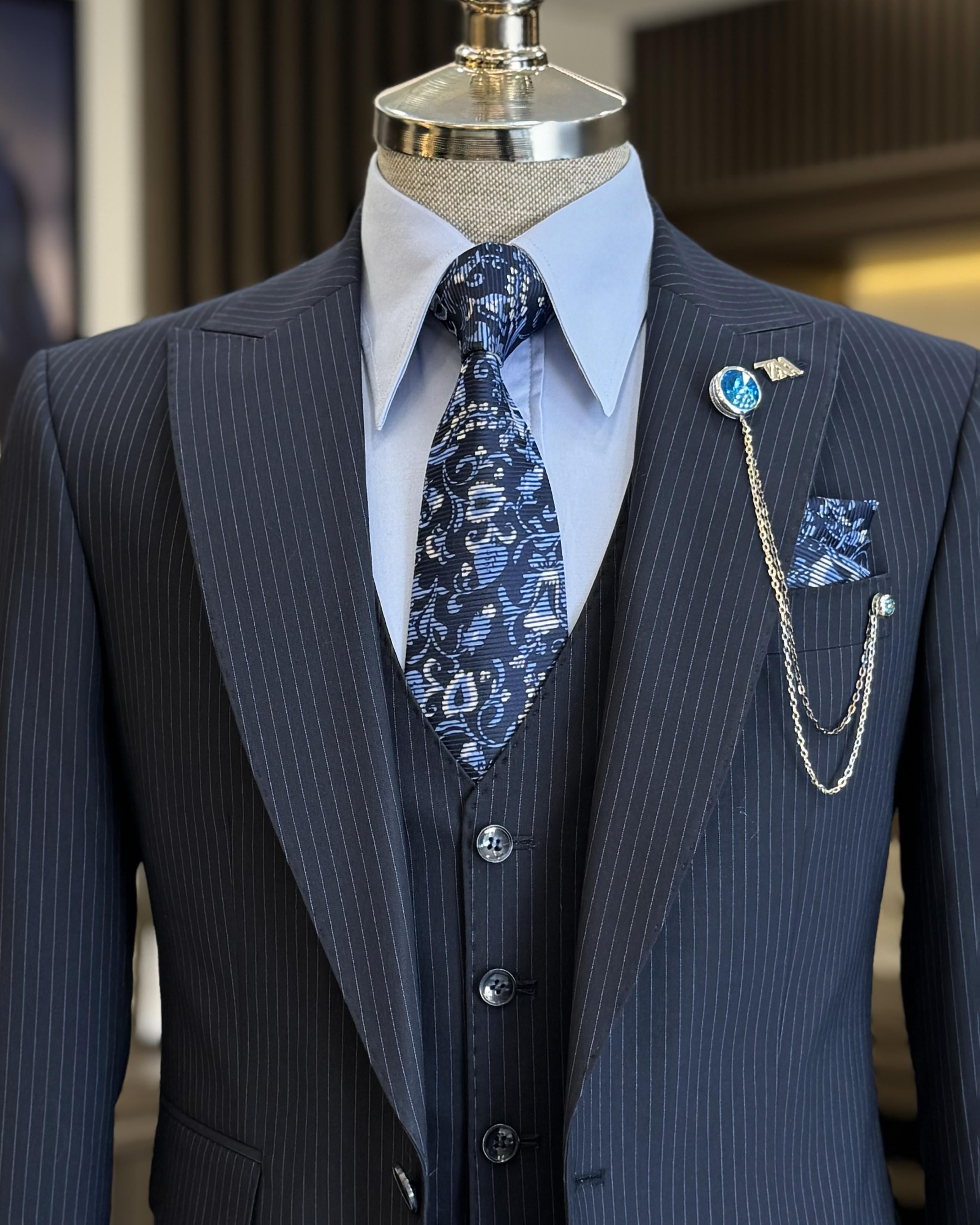 New Arrival 3 Pieces Navy Blue Pinstriped Business Suits With Vest