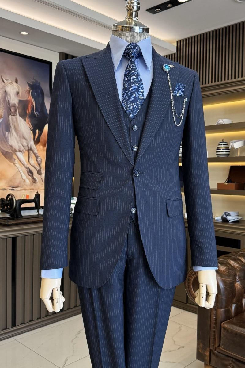 New Arrival 3 Pieces Navy Blue Pinstriped Business Suits With Vest