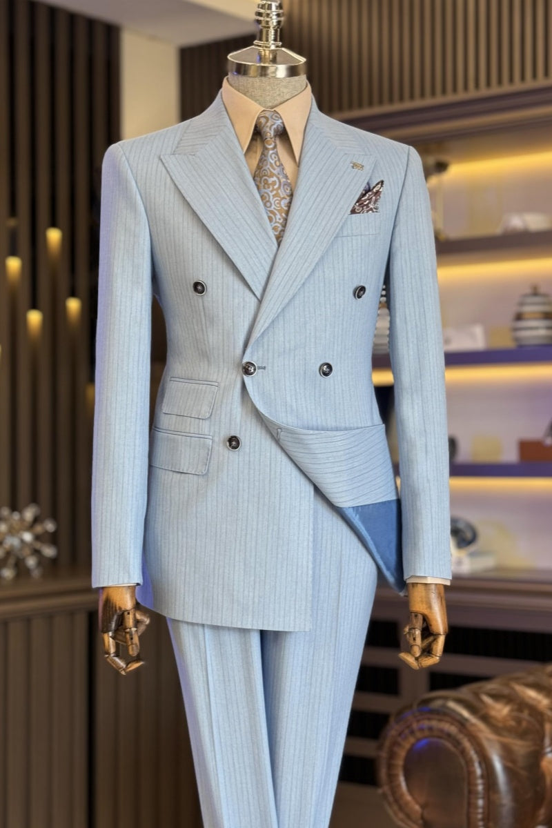 Modern Sky Blue Double Breasted Slim Fit Pinstriped Business Suits