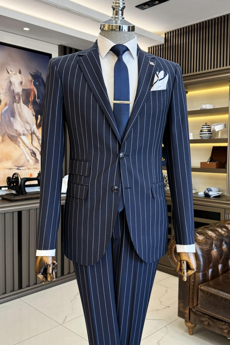 Glamorous Navy Blue Notch Lapel Striped Business Men Suits