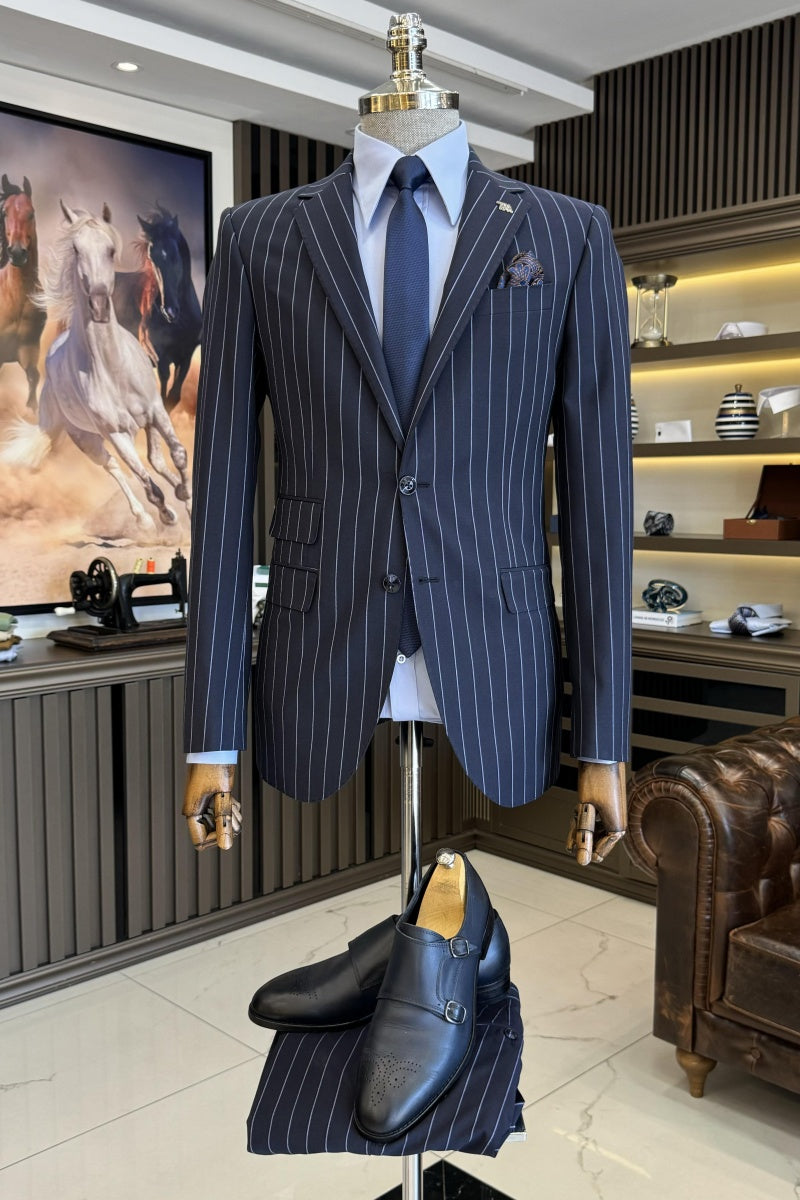 Best Fitted Navy Blue Notch Lapel Striped Business Suits For Men