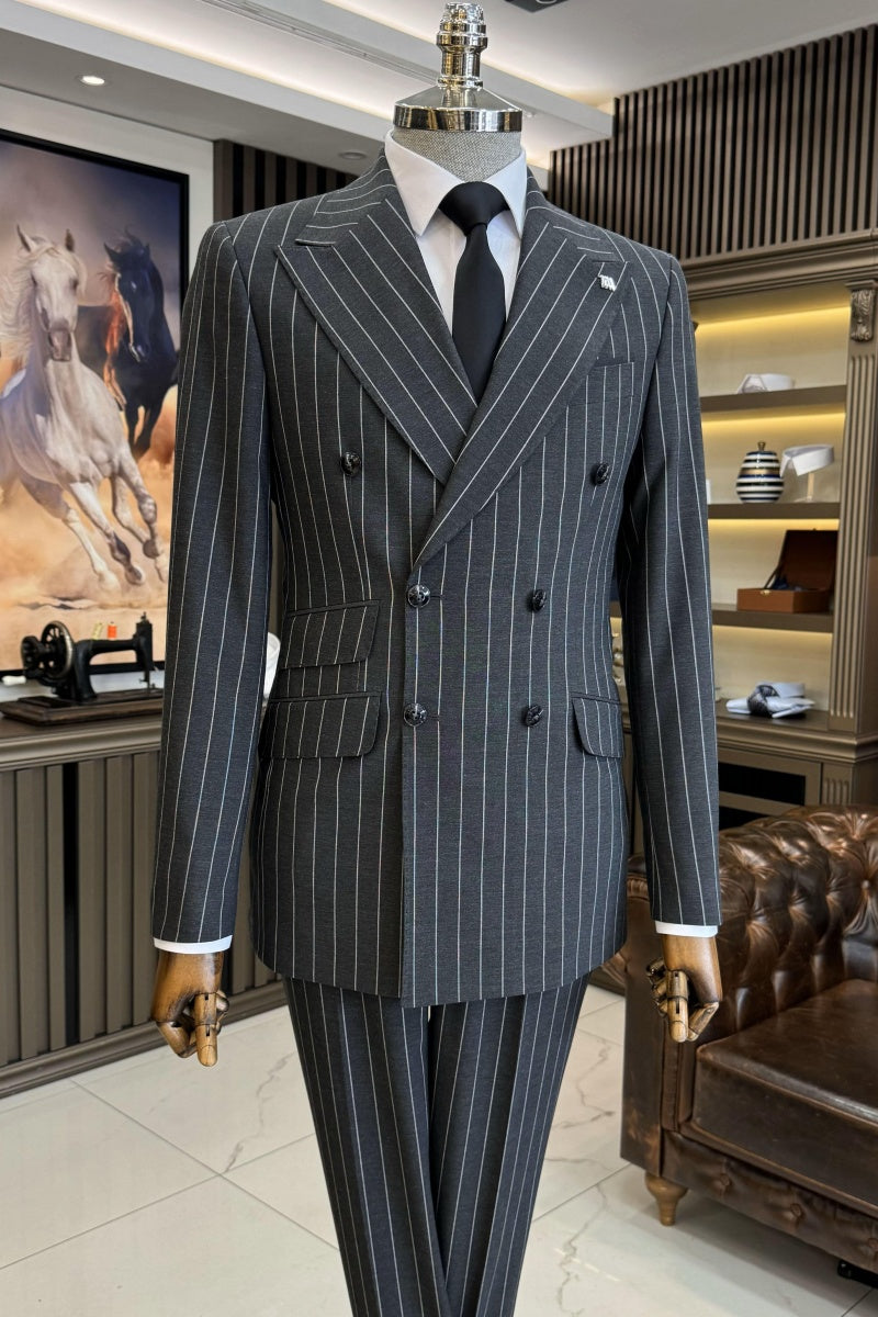 Close Fitting Dark Gray Double Breasted Pinstriped Business Suits
