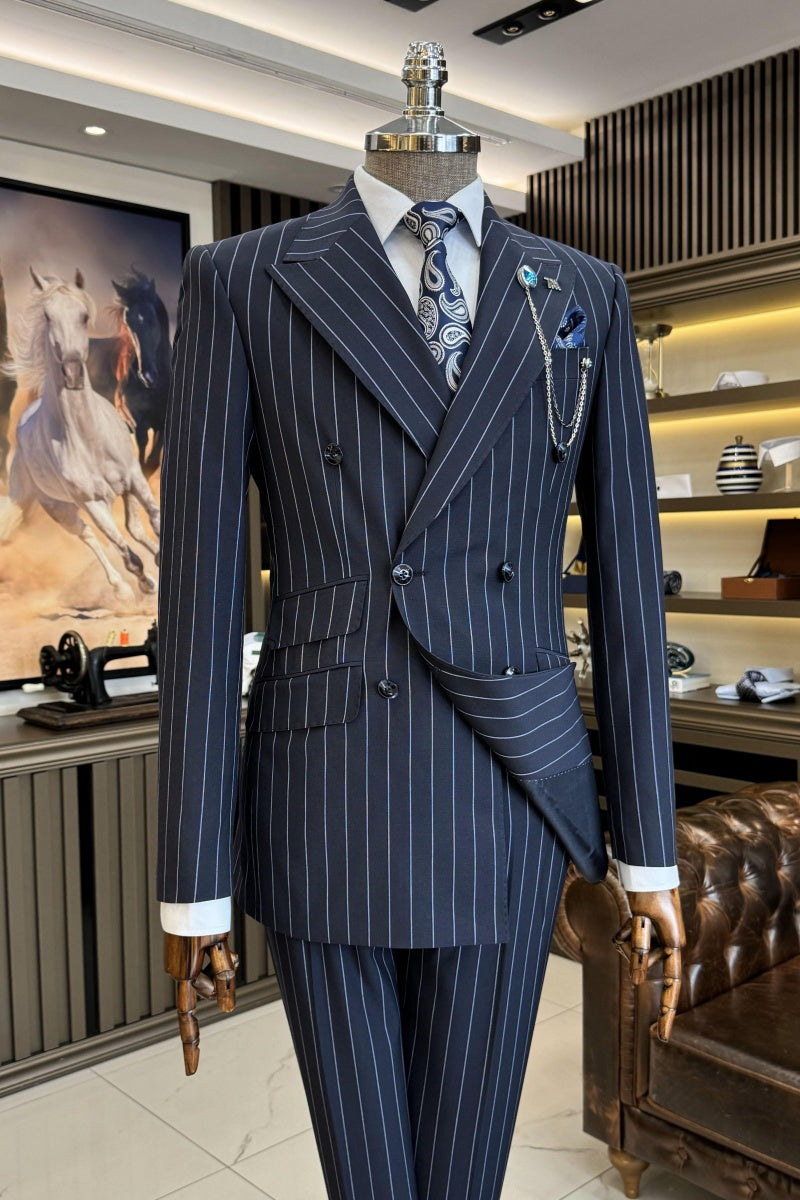 Formal Dark Navy Double Breasted Pinstriped Business Suits