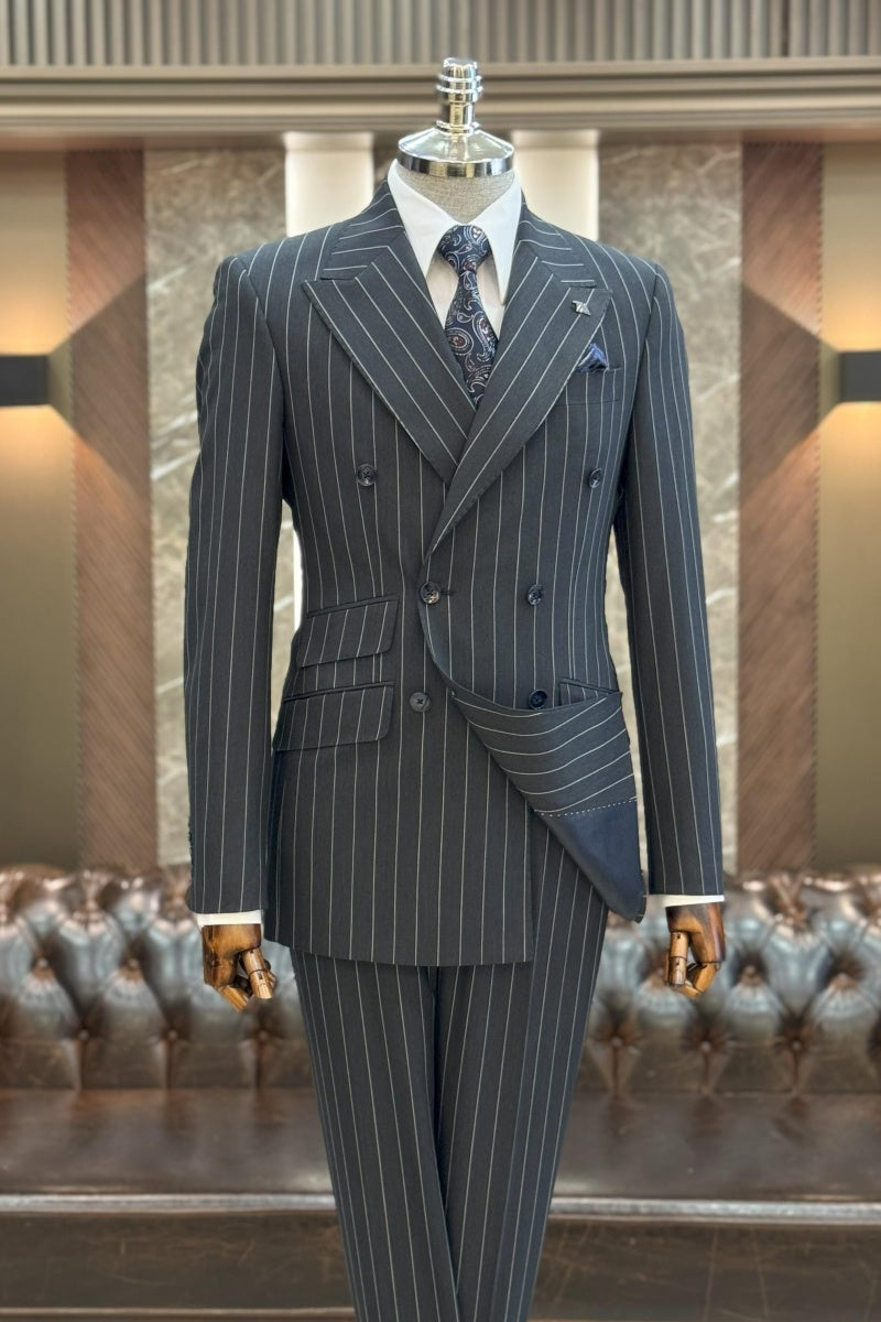 Big And Tall Dark Gray Pinstriped Double Breasted Business Suits