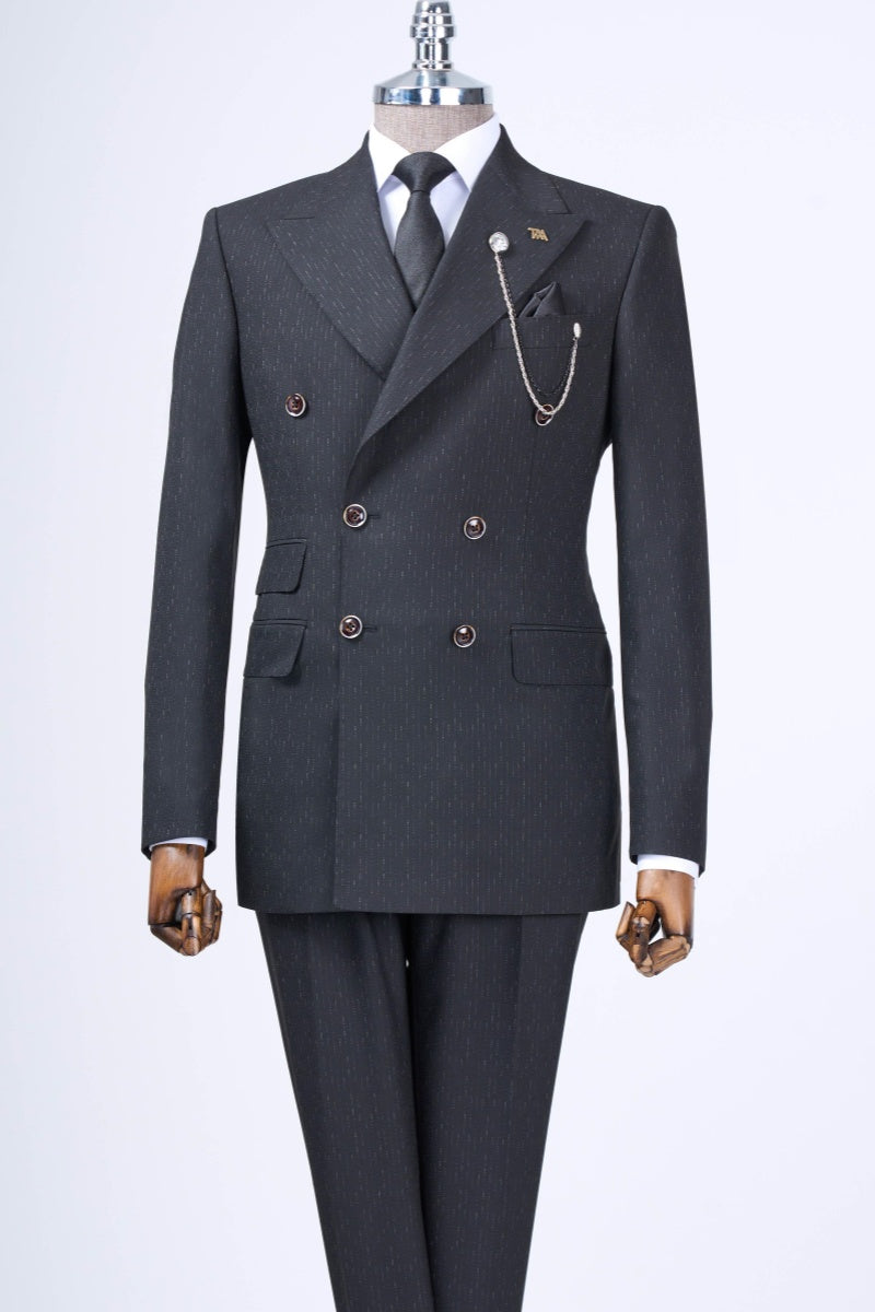 Bespoke Double Breasted Black Pinstriped Peaked Business Suits