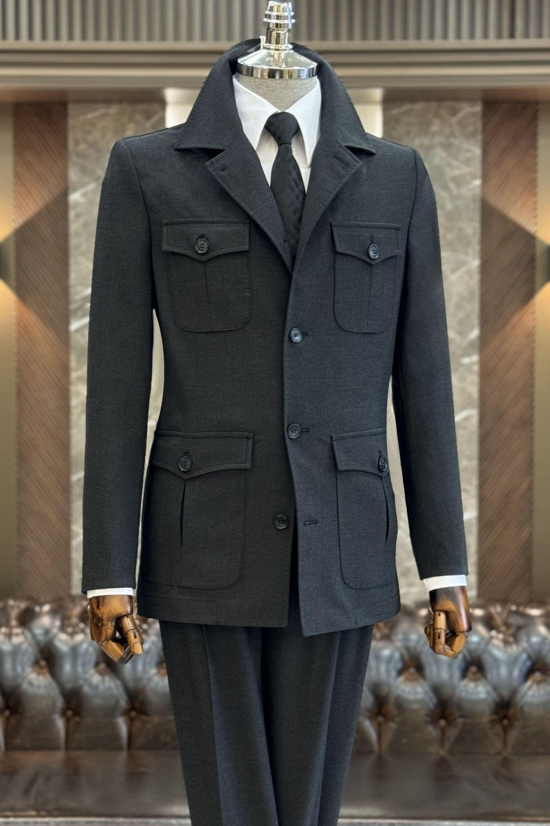 Big And Tall Dark Gray Notch Lapel Prom Men Suits