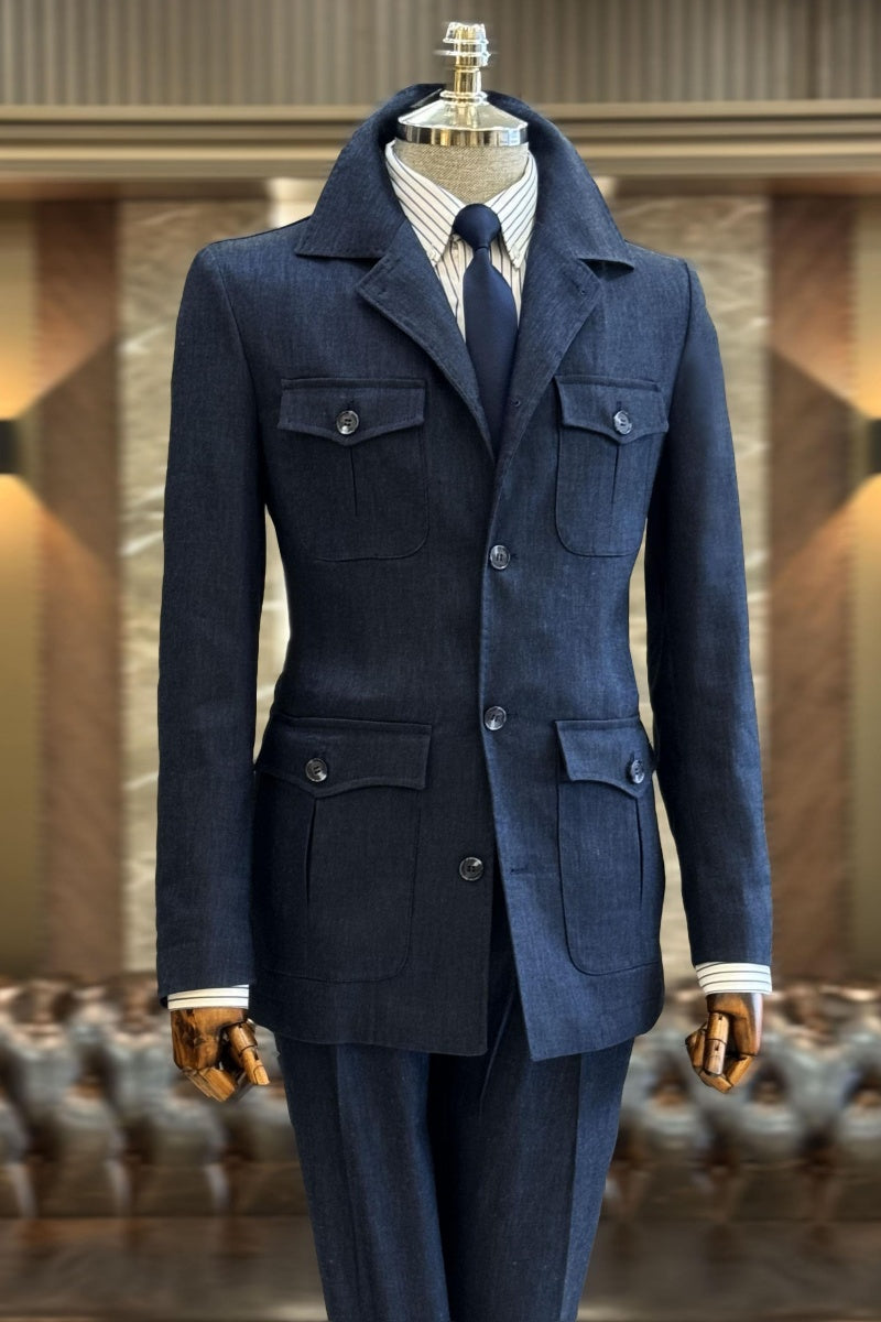 Glamorous Dark Blue Notch Lapel Prom Suits