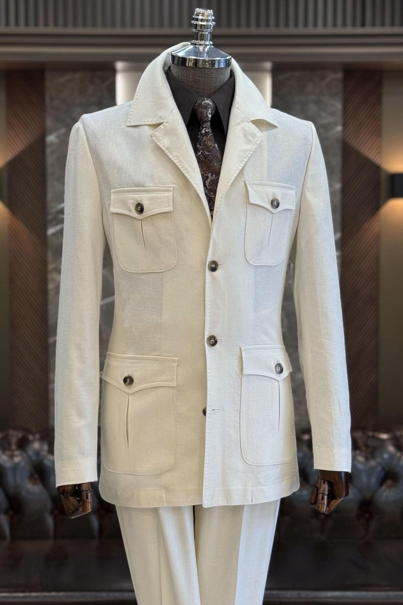 Fashion White Big And Tall Prom Suits With 4 Pockets