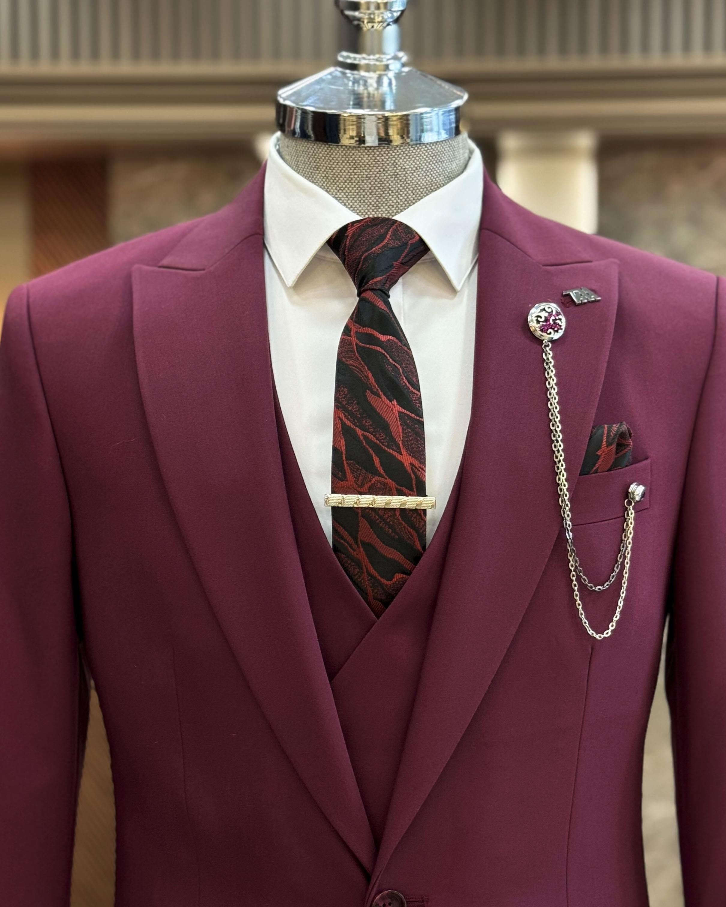 Classic Burgundy 3 Pieces Business Suits With Waistcoat