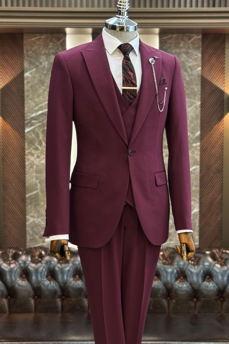 Classic Burgundy 3 Pieces Business Suits With Waistcoat