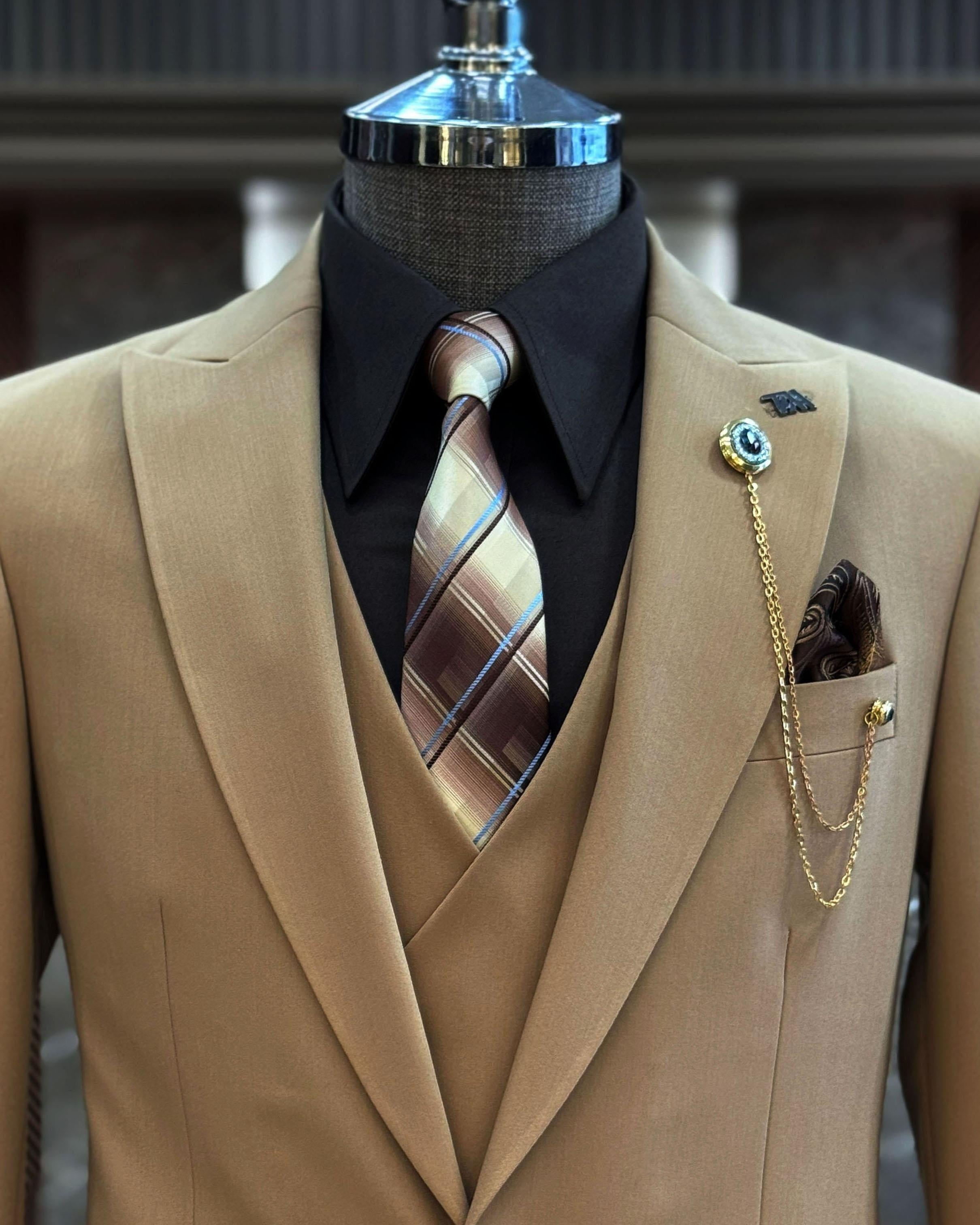 Big And Tall Khaki 3 Pieces Business Suits For Men