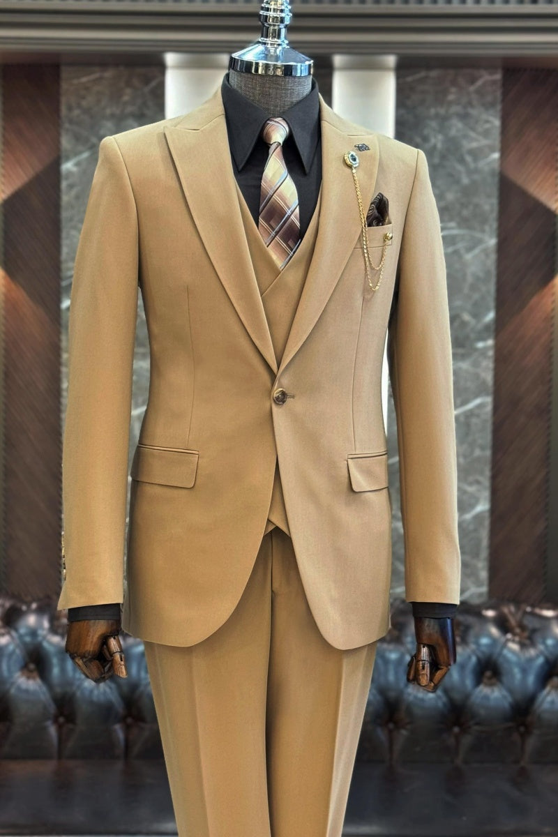Big And Tall Khaki 3 Pieces Business Suits For Men