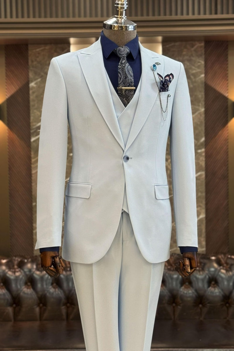 Trendy Light White 3 Pieces Peaked Lapel Business Men Suits