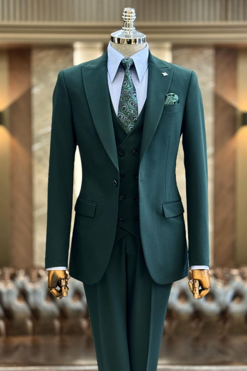 Slim Fit Dark Green 3 Pieces Business Suits For Men