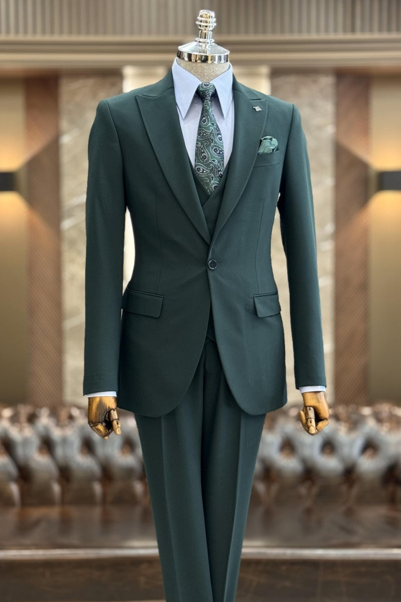 Slim Fit Dark Green 3 Pieces Business Suits For Men