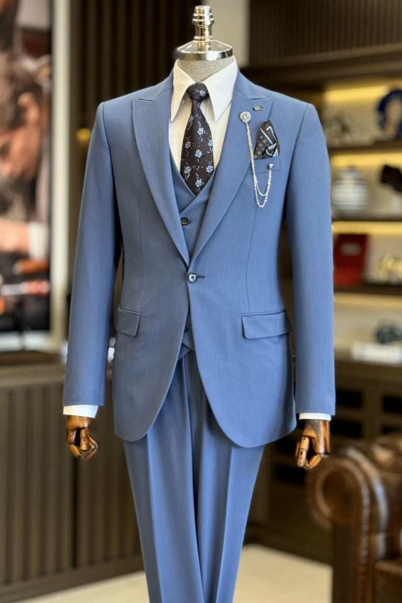 Chic Ocean Blue 3 Pieces Business Suits With Waistcoat