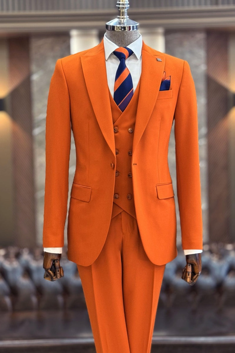 Cool Orange Peaked Lapel 3 Pieces Prom Suits