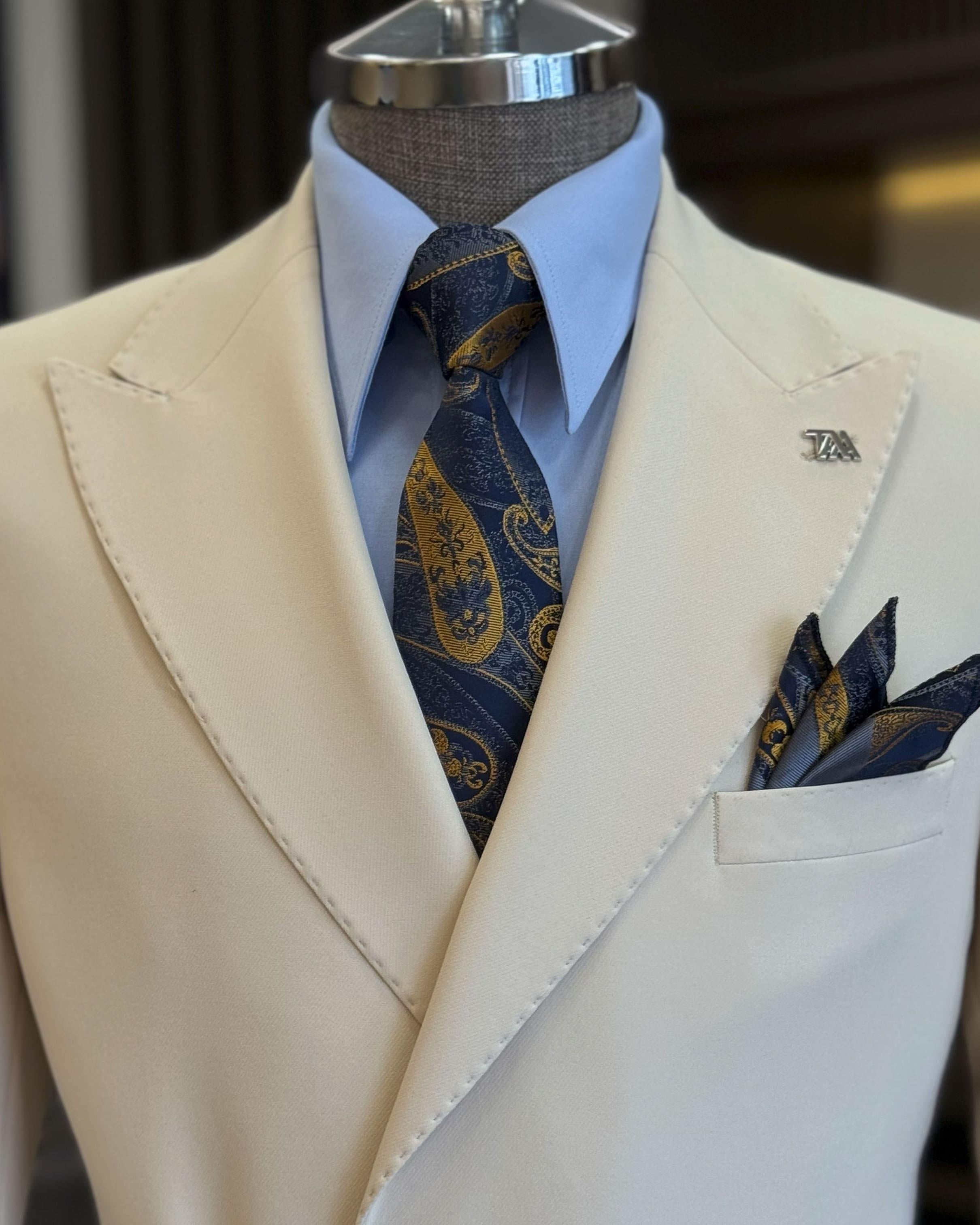 Classic Ivory Peaked Lapel Slim Fit Business Suits