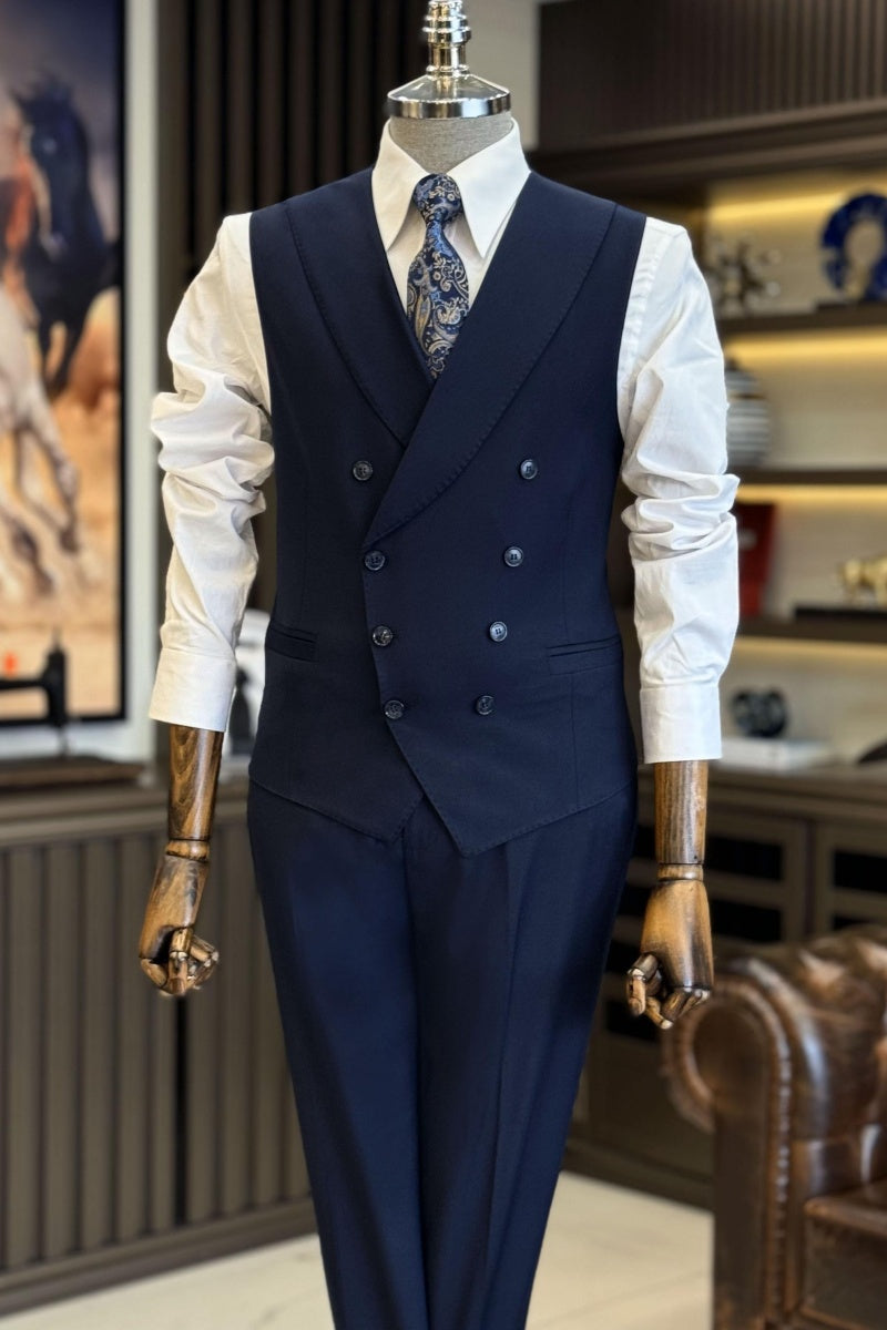 Trendy Dark Navy Double Breasted Waistcoat For Men