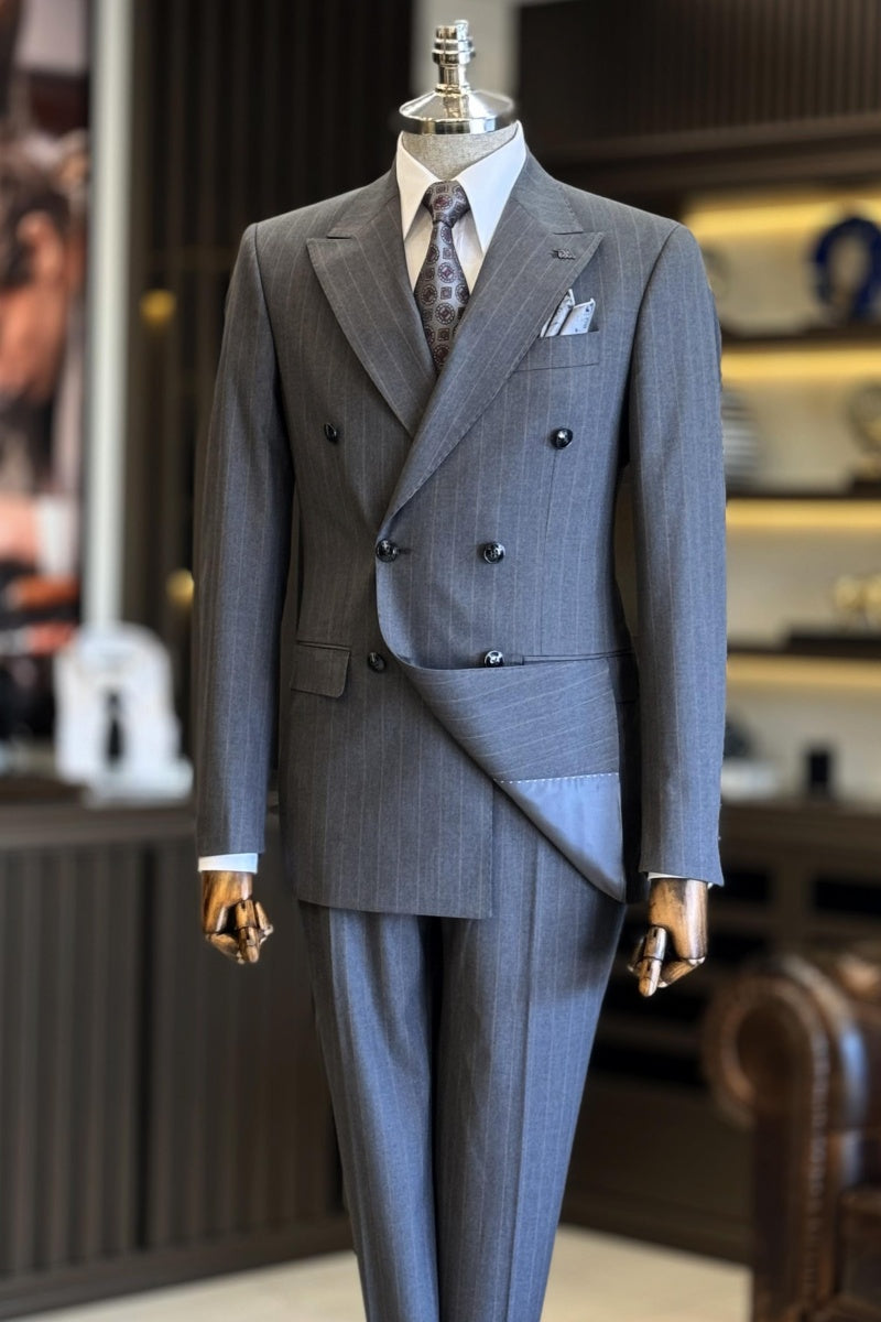 Chic Dark Gray Pinstriped Double Breasted Business Men Suits
